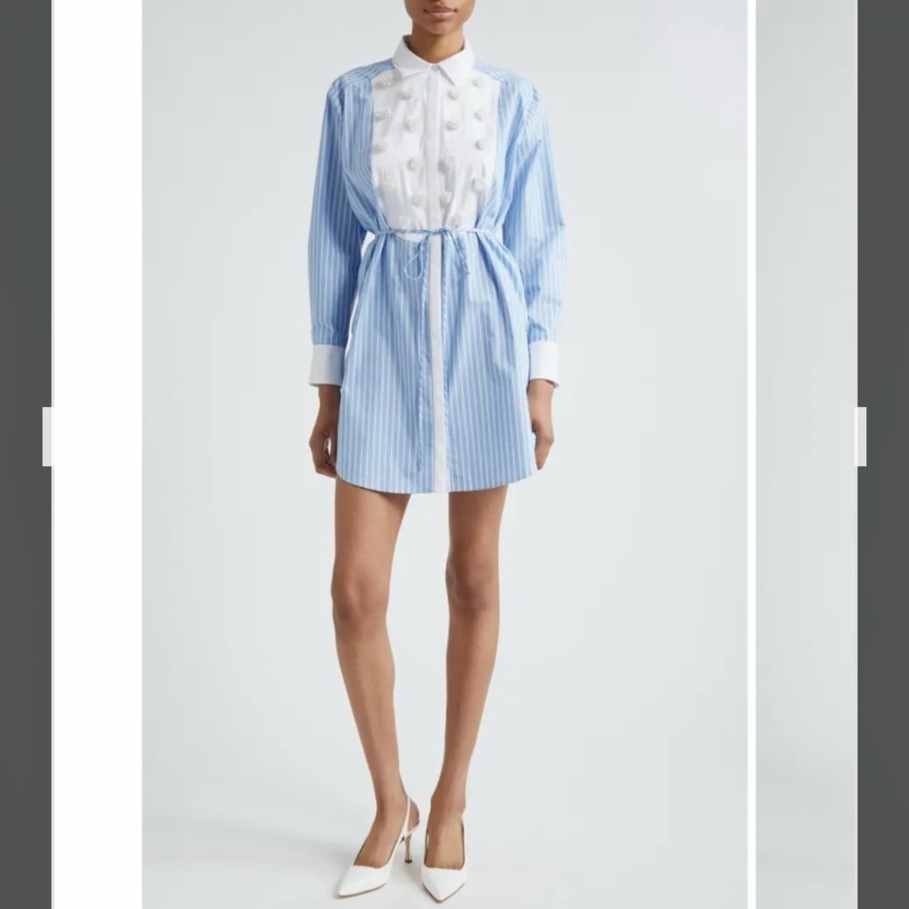 Cinq Sept Debbie Floral Appliqu Long Sleeve Shirtdress In French Blue/White S
